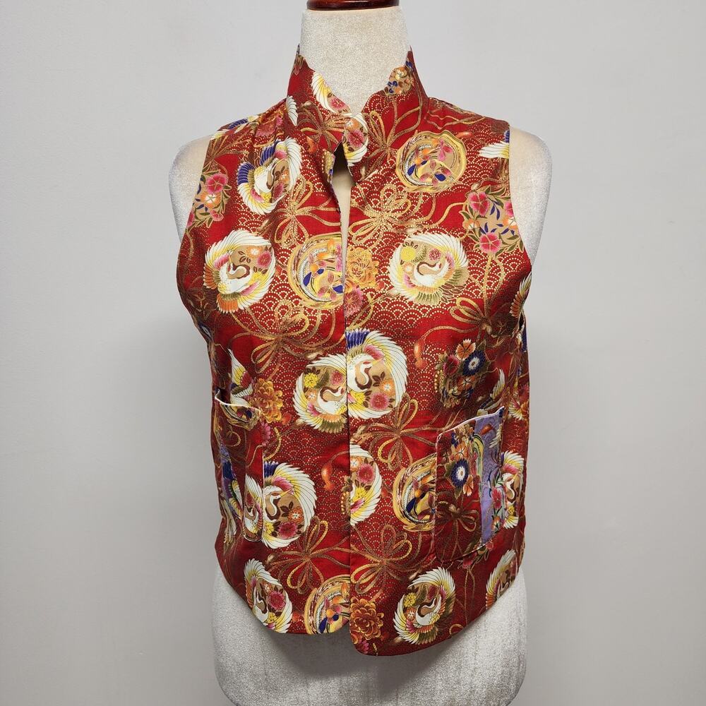 Womens Traditional Japanese Vest Kimono Size L Reversible Hanten Flying Cranes